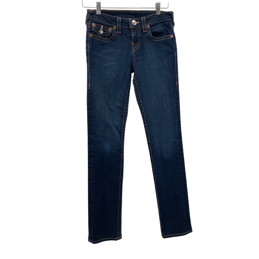 True Religion Womens Dark Wash Low Rise Skinny Jeans Contrast Stitch Size 12